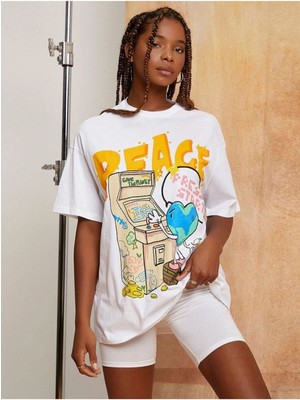 Black Sokak Blacksokak Kadın Beyazpeace Baskılı Oversize Bisiklet Yaka Tshirt