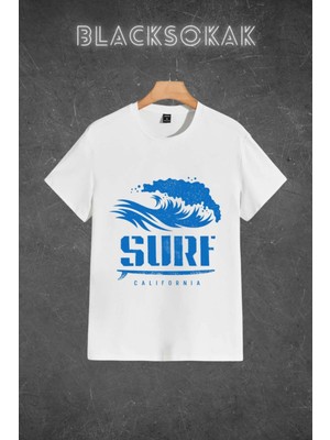 Black Sokak Erkek Beyaz Surf Baskılı Oversize Bisiklet Yaka Tshirt