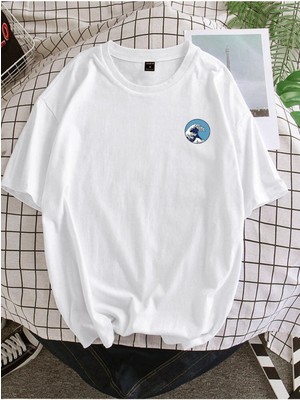Black Sokak Blacksokak Erkek Beyaz Wave Baskılı Oversize Bisiklet Yaka Tshirt