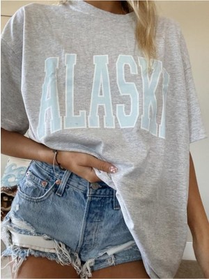 Black Sokak Kadın Gri Alaska Baskılı Oversize Tshirt