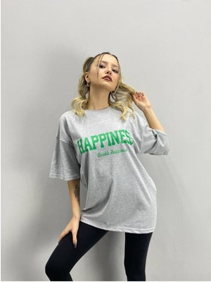 Black Sokak Blacksokak Kadın Gri Happıness Baskılı Oversize Bisiklet Yaka Tshirt