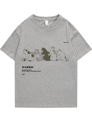 Black Sokak Blacksokak Erkek Gri Kedi Baskılı Oversize Bisiklet Yaka Tshirt