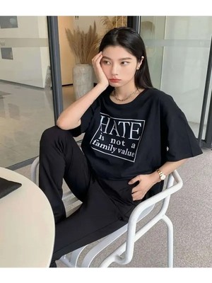 Black Sokak Blacksokak Kadın Siyah Hate Baskılı Oversize Bisiklet Yaka Tshirt