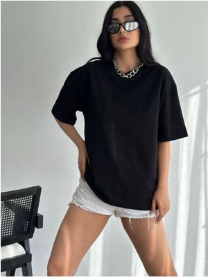 Black Sokak Kadın Siyah Boş Oversize Bisiklet Yaka Tshirt