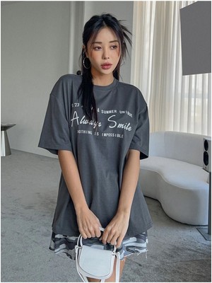 Black Sokak Blacksokak Kadın Füme Always Smile Baskılı Oversize Bisiklet Yaka Tshirt