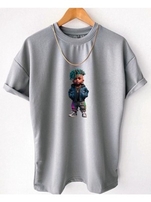 Black Sokak Blacksokak Erkek Gri Rapçı Oversize Bisiklet Yaka Tshirt