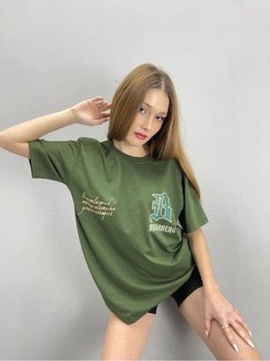 Black Sokak Blacksokak Kadın Haki Begoberg Baskılı Oversize Bisiklet Yaka Tshirt