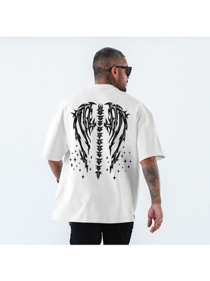 Black Sokak Blacksokak Kadın Beyaz Yıldızlı Melek Kanadı Baskılı Bisiklet Yaka Tshirt