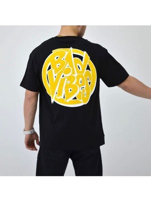 Black Sokak Blacksokak Erkek Siyah Bad Vibes Baskılı Oversize Bisiklet Yaka Tshirt