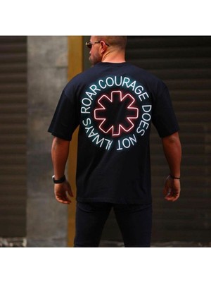 Black Sokak Blacksokak Erkek Siyah Roar Courage Baskılı Oversize Bisiklet Yaka Tshirt