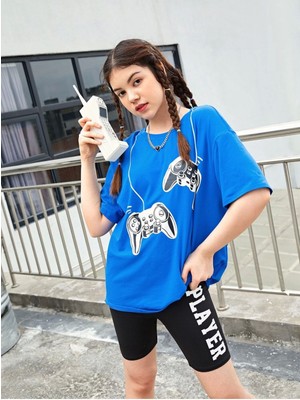 Black Sokak Blacksokak Kız Çocuk Mavi Game Konsol Baskılı Oversize Bisiklet Yaka Tshirt