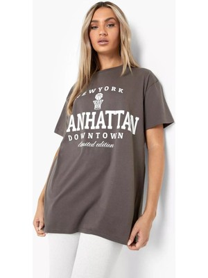 Black Sokak Blacksokak Kadın Koyu Gri Manhattan Baskılı Oversize Bisiklet Yaka T-Shirt