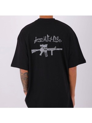 Black Sokak Blacksokak Erkek Siyah Assavlt Lıfe Baskılı Oversize Bisiklet Yaka Tshirt