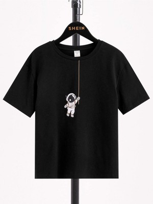 Black Sokak Blacksokak Erkek Çocuk Siyah Astronot Baskılı Oversize Bisiklet Yaka Tshirt