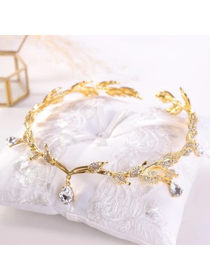 Qiuhong Shop Altın Vintage Kristal Gelin Saç Aksesuarı Düğün Rhinestone Waterdrop Yaprak Tiara Taç Kafa Bandı Frontlet Nedime Saç Takı (Yurt Dışından)