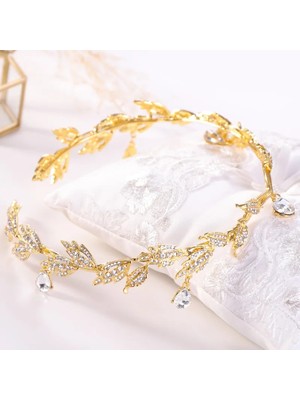 Qiuhong Shop Altın Vintage Kristal Gelin Saç Aksesuarı Düğün Rhinestone Waterdrop Yaprak Tiara Taç Kafa Bandı Frontlet Nedime Saç Takı (Yurt Dışından)