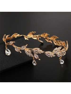 Qiuhong Shop Kk Altın Vintage Kristal Gelin Saç Aksesuarı Düğün Rhinestone Waterdrop Yaprak Tiara Taç Kafa Bandı Frontlet Nedime Saç Takı (Yurt Dışından)