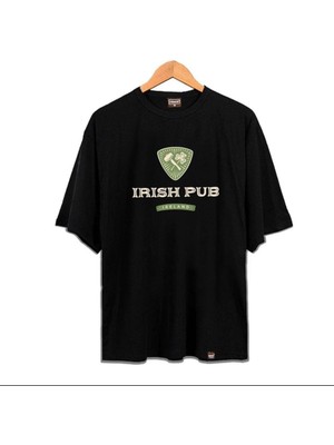 Blacksokak Erkek Siyah Irısh Pub Baskılı Oversize Bisiklet Yaka Tshirt
