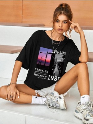 Black Sokak Blacksokak Kadın Siyah Dreams 1989 Baskılı Oversize Bisiklet Yaka Tshirt
