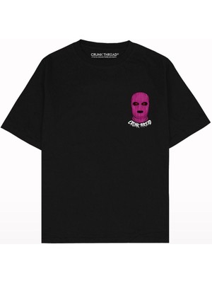 Black Sokak Erkek Siyah Crlınk Thread Baskılı Oversize Bisiklet Yaka Tshirt