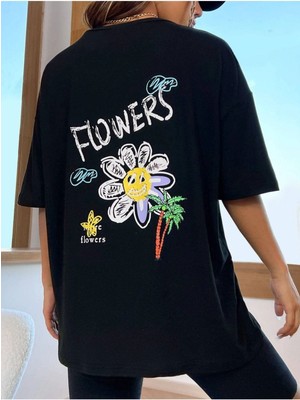 Black Sokak Blacksokak Kadın Siyah Flowers Baskılı Bisiklet Yaka Tshirt