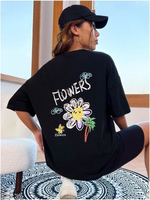 Black Sokak Blacksokak Kadın Siyah Flowers Baskılı Bisiklet Yaka Tshirt