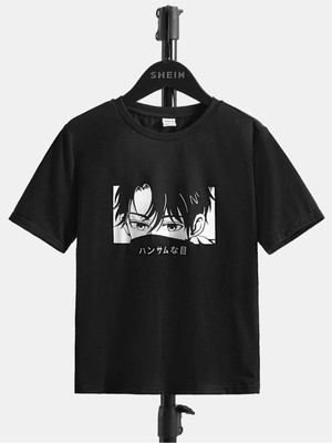 Black Sokak Blacksokak Erkek Çocuk Siyah Japon Figür Baskılı Oversize Bisiklet Yaka Tshirt