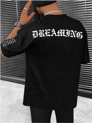 Black Sokak Erkek Siyah Dreamıng Baskılı Oversize Bisiklet Yaka Tshirt