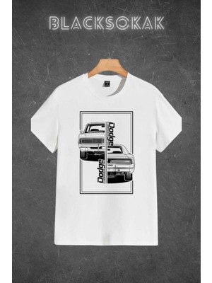 Black Sokak Erkek Beyaz Dodge Baskılı Oversize Bisiklet Yaka Tshirt