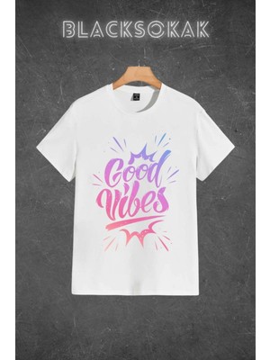 Black Sokak Erkek Beyaz Good Vibes Baskılı Oversize Bisiklet Yaka Tshirt