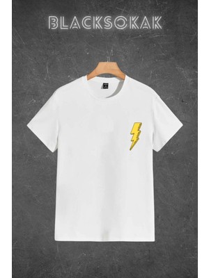 Black Sokak Erkek Beyaz Yıldırım Baskılı Oversize Bisiklet Yaka Tshirt