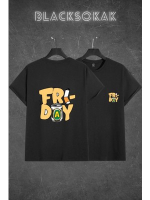 Black Sokak Erkek Siyah Friday Baskılı Oversize Bisiklet Yaka Tshirt