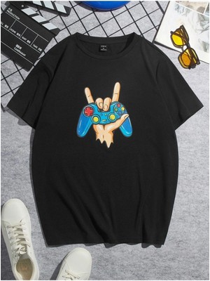 Black Sokak Erkek Siyah Game Baskılı Oversize Bisiklet Yaka Tshirt