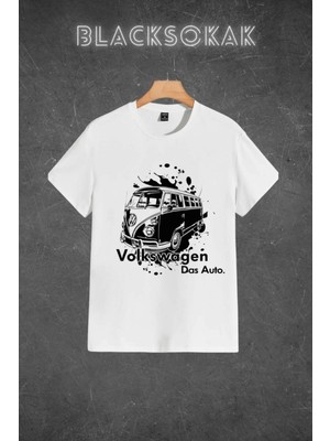 Black Sokak Erkek Beyaz Volkswagen Baskılı Oversize Bisiklet Yaka Tshirt