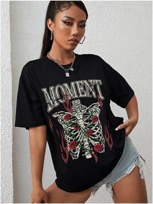 Black Sokak Blacksokak Kadın Siyah Moment Baskılı Oversize Bisiklet Yaka Tshirt
