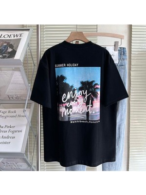 Black Sokak Blacksokak Erkek Siyah Enjoy Every Moment Baskılı Oversize Bisiklet Yaka Tshirt