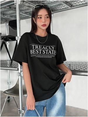 Black Sokak Blacksokak Kadın Siyah Treacly Best State Baskılı Oversize Bisiklet Yaka Tshirt