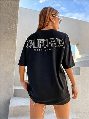 Black Sokak Blacksokak Kadın Siyah Sırt California Baskılı Oversize Bisiklet Yaka T-Shirt