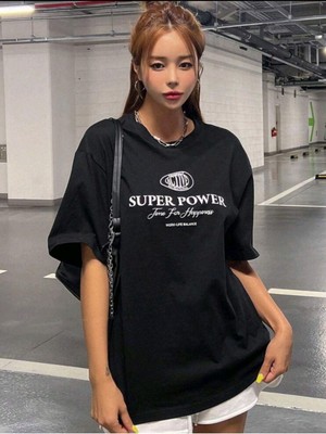 Black Sokak Blacksokak Kadın Siyah Super Power Baskılı Oversize Bisiklet Yaka Tshirt