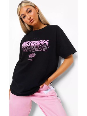 Black Sokak Blacksokak Kadın Siyah Universal Baskılı Oversize Bisiklet Yaka T-Shirt