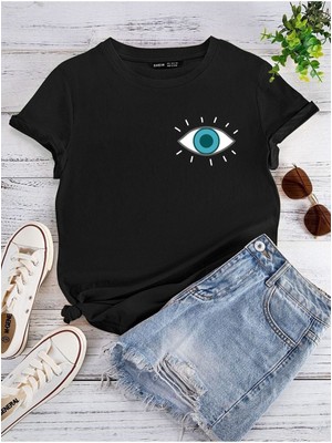 Black Sokak Blacksokak Kadın Siyah Göz Baskılı Oversize Bisiklet Yaka Tshirt