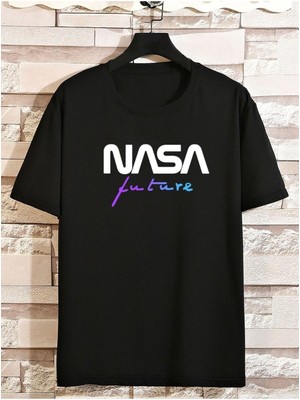 Black Sokak Blacksokak Erkek Siyah Nasa Future Baskılı Oversze Bisisklet Yaka Tişört