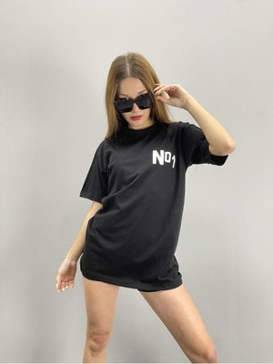 Black Sokak Blacksokak Kadın Siyah No 1 Baskılı Oversize Bisiklet Yaka Tshirt