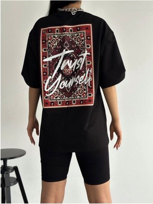 Black Sokak Kadın Siyah Trustyourself Oversize Bisiklet Yaka Tshirt
