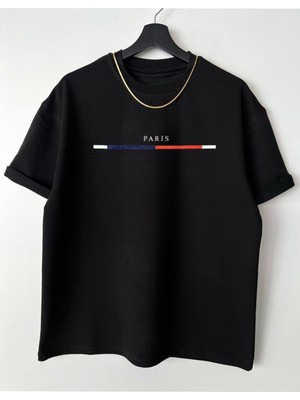 Black Sokak Erkek Siyah Göğüs Ince Çizgili Paris Baskılı Oversize Bisiklet Yaka Tişört