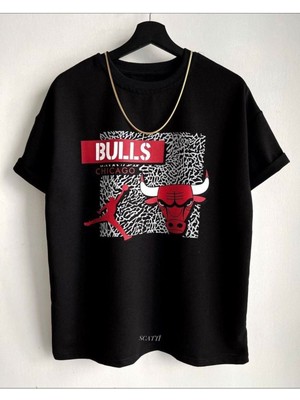 Black Sokak Erkek Siyah Kırmızı Baskılı Bulls Oversize Bisiklet Yaka T-Shirt