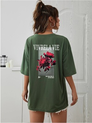 Black Sokak Unisex Yeşil Vivre La Vie Baskılı Oversize Bisiklet Yaka Penye Tişört