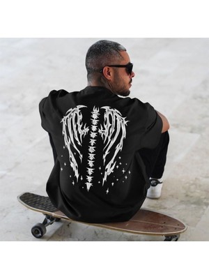 Black Sokak Blacksokak Erkek Siyah Yıldızlı Melek Kanadı Baskılı Bisiklet Yaka Tshirt