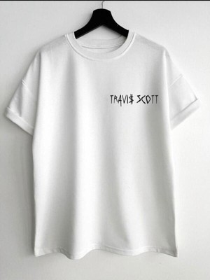 Black Sokak Unisex Beyaz Ön Travıs Scott Baskılı Oversize Bisiklet Yaka Tshirt