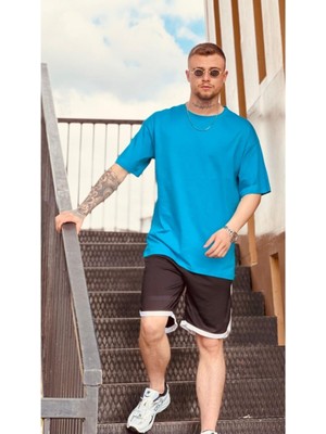 Black Sokak Erkek Mavi Düz Oversize Tshirt